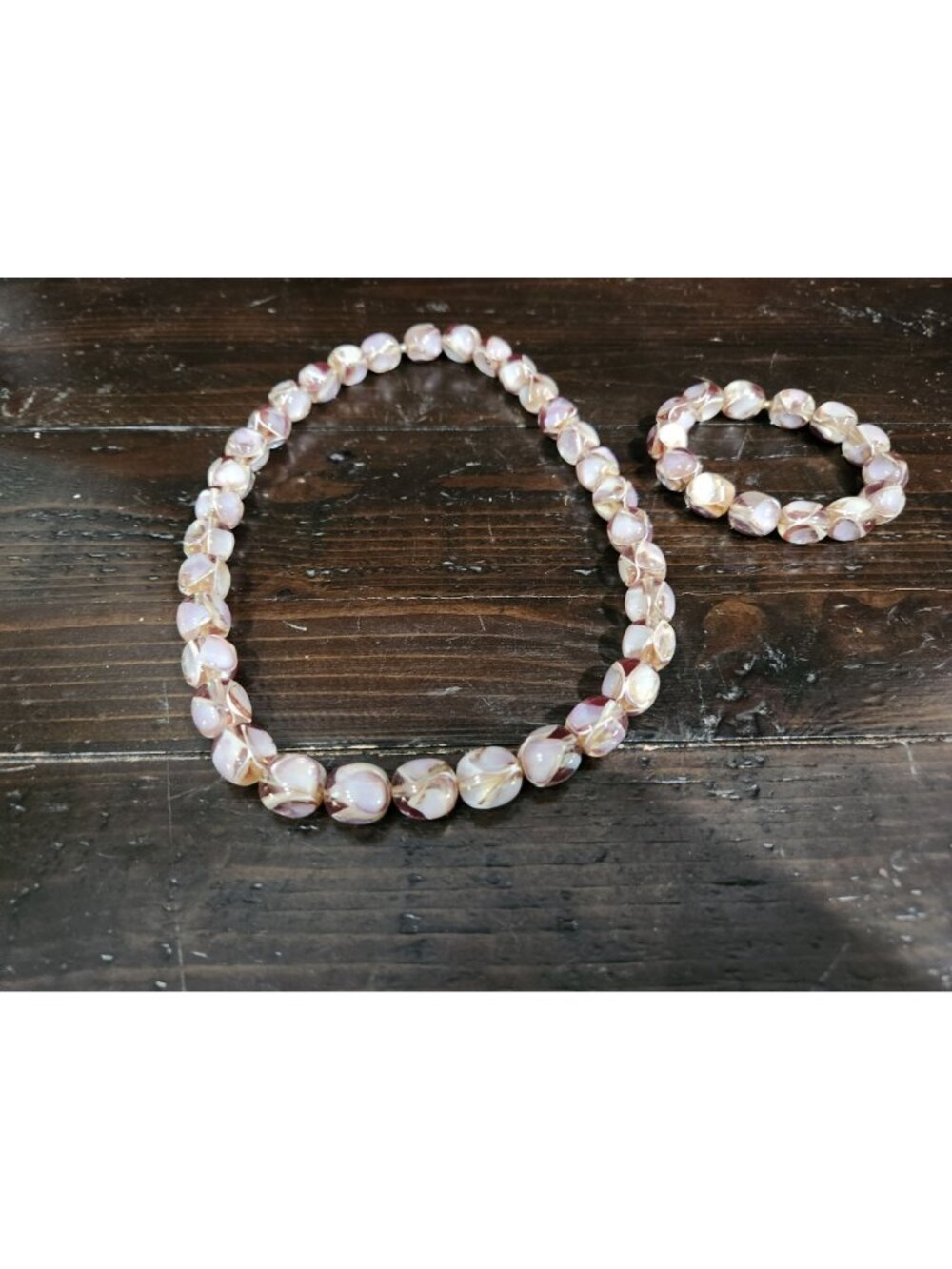Vintage Bohemian Art Glass Necklace & Bracelet Set Iridescent White & Pink Beads - Picture 2 of 4